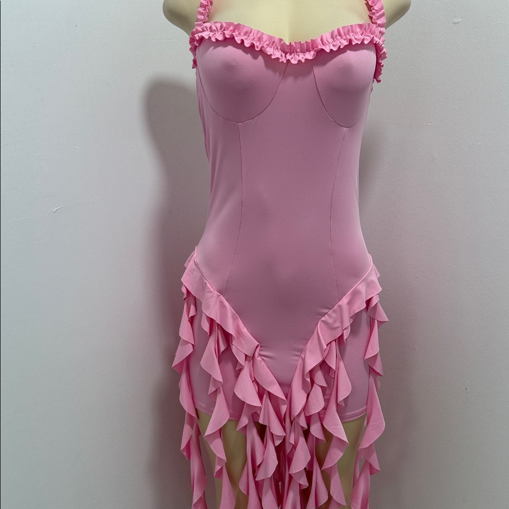 Pink Ruffled Halter Mini Dress - Picture 2 of 3